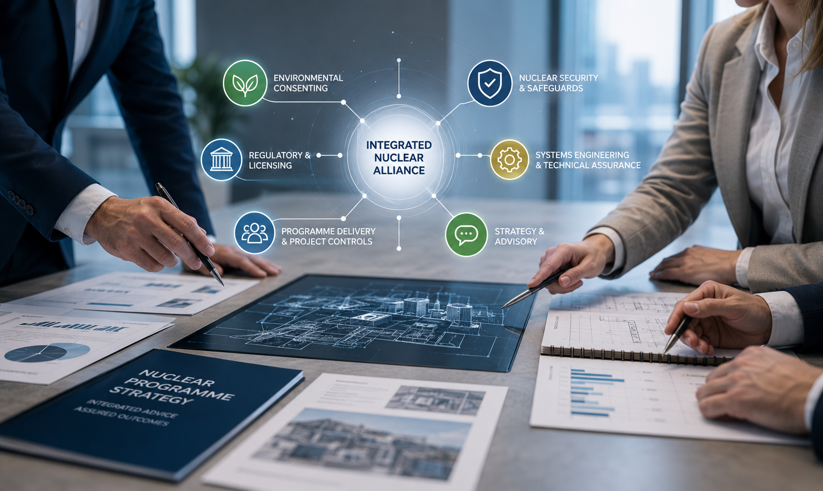 Professional advisory meeting showing integrated nuclear programme capabilities.